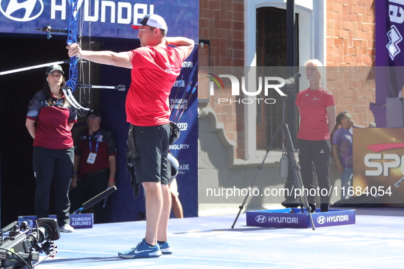 Nico Weiner of Austria competes against James Lutz of the United States (not in picture) during the quarterfinals match on the second day of...