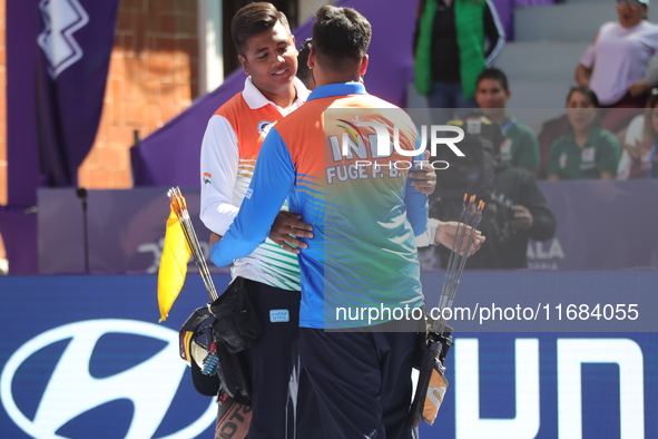 Priyansh and Prathamesh Balchandra Fuge of India compete during the quarterfinals match on the second day of the Tlaxcala 2024 Archery World...