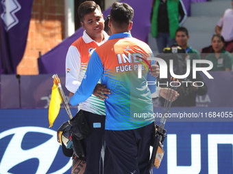 Priyansh and Prathamesh Balchandra Fuge of India compete during the quarterfinals match on the second day of the Tlaxcala 2024 Archery World...