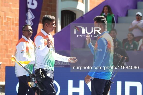 Priyansh and Prathamesh Balchandra Fuge of India compete during the quarterfinals match on the second day of the Tlaxcala 2024 Archery World...