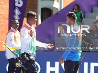 Priyansh and Prathamesh Balchandra Fuge of India compete during the quarterfinals match on the second day of the Tlaxcala 2024 Archery World...