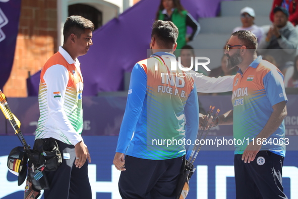 Priyansh and Prathamesh Balchandra Fuge of India compete during the quarterfinals match on the second day of the Tlaxcala 2024 Archery World...