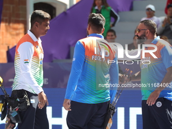 Priyansh and Prathamesh Balchandra Fuge of India compete during the quarterfinals match on the second day of the Tlaxcala 2024 Archery World...