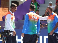 Priyansh and Prathamesh Balchandra Fuge of India compete during the quarterfinals match on the second day of the Tlaxcala 2024 Archery World...