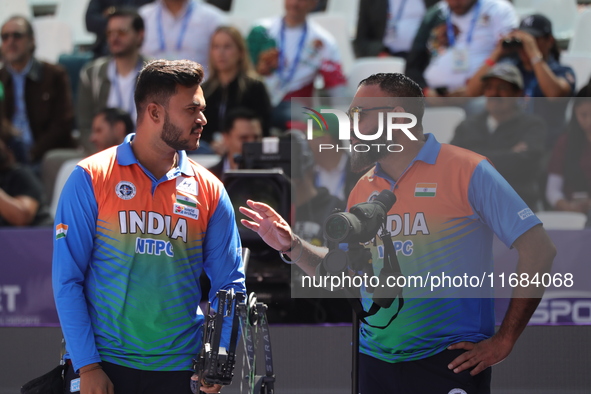 Prathamesh Balchandra Fuge of India competes against Priyansh of India (not in picture) during the quarterfinals match on the second day of...