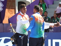 Priyansh and Prathamesh Balchandra Fuge of India compete during the quarterfinals match on the second day of the Tlaxcala 2024 Archery World...