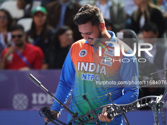 Prathamesh Balchandra Fuge of India competes against Priyansh of India (not in picture) during the quarterfinals match on the second day of...