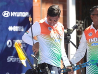 Priyansh of India competes against Prathamesh Balchandra Fuge of India (not in picture) during the quarterfinals match on the second day of...