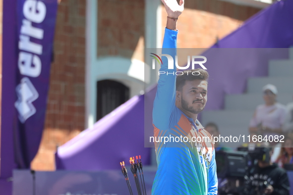 Prathamesh Balchandra Fuge of India competes against Priyansh of India (not in picture) during the quarterfinals match on the second day of...