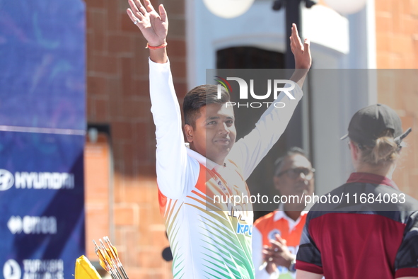 Priyansh of India competes against Prathamesh Balchandra Fuge of India (not in picture) during the quarterfinals match on the second day of...