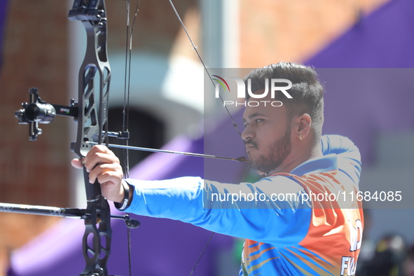 Prathamesh Balchandra Fuge of India competes against Priyansh of India (not in picture) during the quarterfinals match on the second day of...