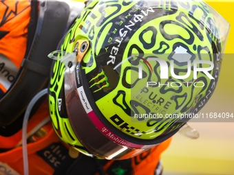 Lando Norris emerges from his car after winning a sprint race at Circuit of the Americas in Austin, Texas, on October 19, 2024, during the F...