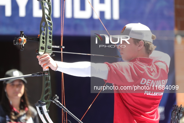 Mathias Fullerton of Denmark competes against Sebastian Garcia of Mexico (not in picture) during the quarterfinals match on the second day o...