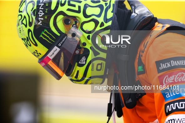 Lando Norris emerges from his car after winning a sprint race at Circuit of the Americas in Austin, Texas, on October 19, 2024, during the F...