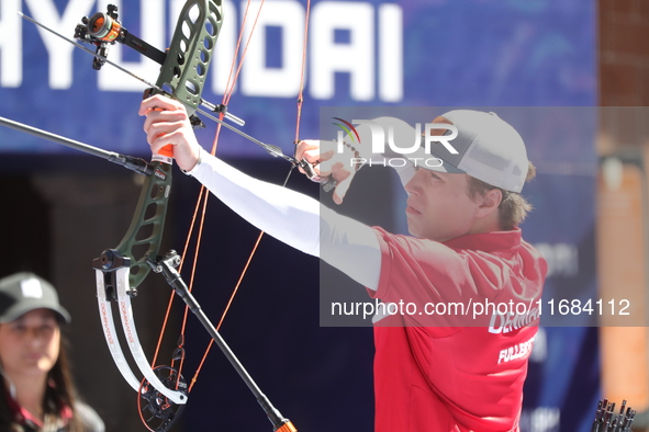 Mathias Fullerton of Denmark competes against Sebastian Garcia of Mexico (not in picture) during the quarterfinals match on the second day o...