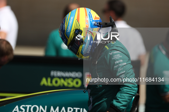 Fernando Alonso prepares for a sprint race at Circuit of the Americas in Austin, Texas, on October 19, 2024, during the Formula 1 Pirelli Un...