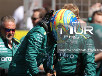 Fernando Alonso prepares for a sprint race at Circuit of the Americas in Austin, Texas, on October 19, 2024, during the Formula 1 Pirelli Un...