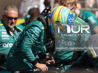 Fernando Alonso prepares for a sprint race at Circuit of the Americas in Austin, Texas, on October 19, 2024, during the Formula 1 Pirelli Un...