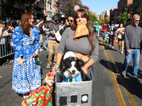 A dog and owner are the MTA Subway and a pizza rat for the 34th Annual Tompkins Square Halloween Dog Parade in Tompkins Square Park in New Y...