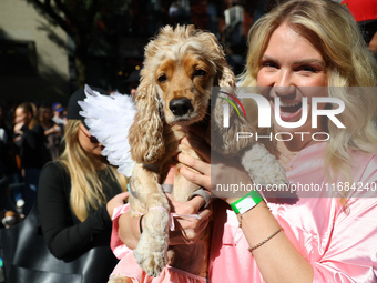 A dog and her owner dress as angels for the 34th Annual Tompkins Square Halloween Dog Parade in Tompkins Square Park in New York City, USA,...