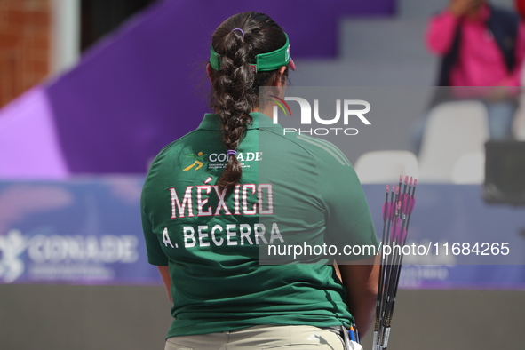 Andrea Maya Becerra of Mexico competes against Elisa Roner of Italy (not in picture) during the compound women's quarterfinals match on the...