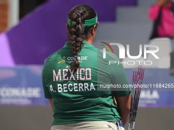 Andrea Maya Becerra of Mexico competes against Elisa Roner of Italy (not in picture) during the compound women's quarterfinals match on the...