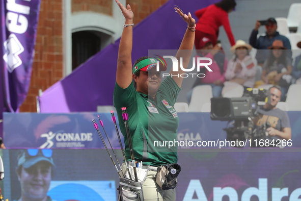 Andrea Maya Becerra of Mexico competes against Elisa Roner of Italy (not in picture) during the compound women's quarterfinals match on the...