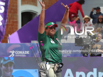 Andrea Maya Becerra of Mexico competes against Elisa Roner of Italy (not in picture) during the compound women's quarterfinals match on the...