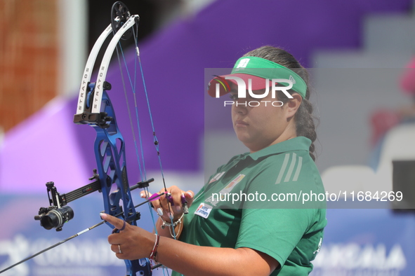 Andrea Maya Becerra of Mexico competes against Elisa Roner of Italy (not in picture) during the compound women's quarterfinals match on the...