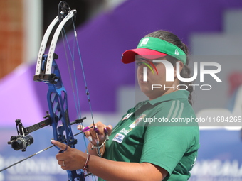 Andrea Maya Becerra of Mexico competes against Elisa Roner of Italy (not in picture) during the compound women's quarterfinals match on the...