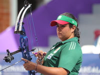 Andrea Maya Becerra of Mexico competes against Elisa Roner of Italy (not in picture) during the compound women's quarterfinals match on the...