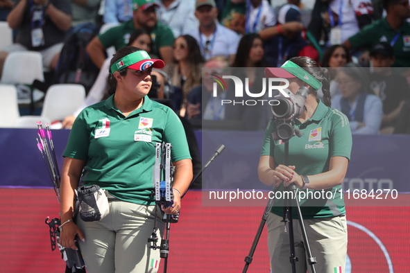 Andrea Maya Becerra of Mexico competes against Elisa Roner of Italy (not in picture) during the compound women's quarterfinals match on the...