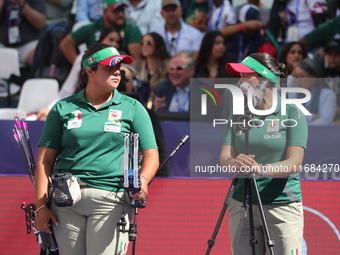 Andrea Maya Becerra of Mexico competes against Elisa Roner of Italy (not in picture) during the compound women's quarterfinals match on the...