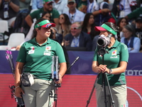 Andrea Maya Becerra of Mexico competes against Elisa Roner of Italy (not in picture) during the compound women's quarterfinals match on the...