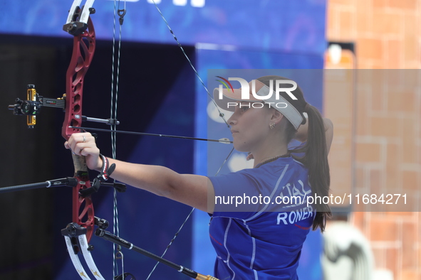 Elisa Roner of Italy competes against Andrea Maya Becerra of Mexico (not in picture) during the compound women's quarterfinals match on the...