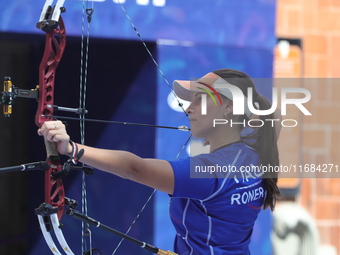 Elisa Roner of Italy competes against Andrea Maya Becerra of Mexico (not in picture) during the compound women's quarterfinals match on the...