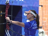 Elisa Roner of Italy competes against Andrea Maya Becerra of Mexico (not in picture) during the compound women's quarterfinals match on the...