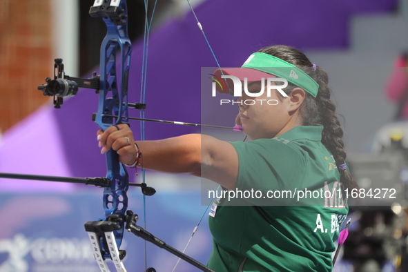 Andrea Maya Becerra of Mexico competes against Elisa Roner of Italy (not in picture) during the compound women's quarterfinals match on the...