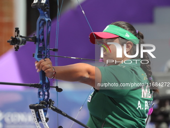 Andrea Maya Becerra of Mexico competes against Elisa Roner of Italy (not in picture) during the compound women's quarterfinals match on the...