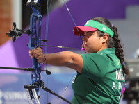 Andrea Maya Becerra of Mexico competes against Elisa Roner of Italy (not in picture) during the compound women's quarterfinals match on the...