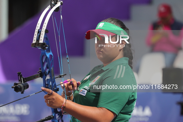 Andrea Maya Becerra of Mexico competes against Elisa Roner of Italy (not in picture) during the compound women's quarterfinals match on the...