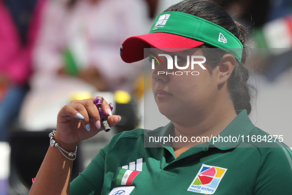 Andrea Maya Becerra of Mexico competes against Elisa Roner of Italy (not in picture) during the compound women's quarterfinals match on the...