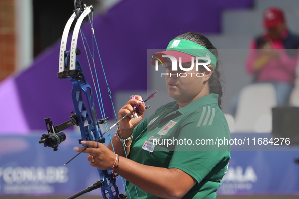 Andrea Maya Becerra of Mexico competes against Elisa Roner of Italy (not in picture) during the compound women's quarterfinals match on the...