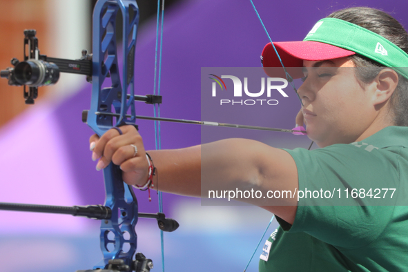 Andrea Maya Becerra of Mexico competes against Elisa Roner of Italy (not in picture) during the compound women's quarterfinals match on the...