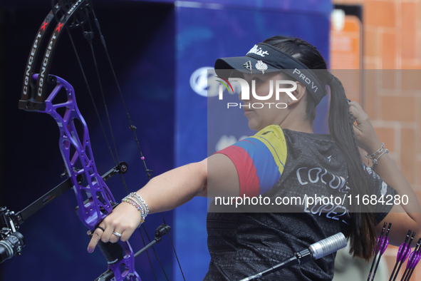 Sara Lopez of Colombia competes against Alexis Ruiz of the United States (not in picture) during the compound women's quarterfinals match on...