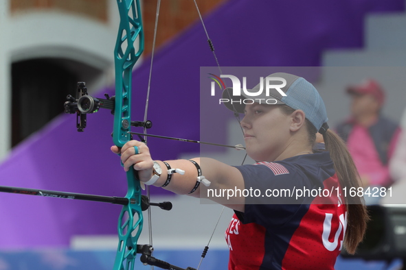 Alexis Ruiz of the United States competes against Sara Lopez of Colombia (not in picture) during the compound women's quarterfinals match on...