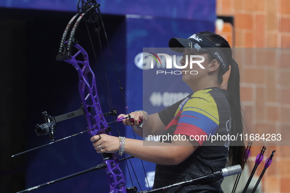 Sara Lopez of Colombia competes against Alexis Ruiz of the United States (not in picture) during the compound women's quarterfinals match on...