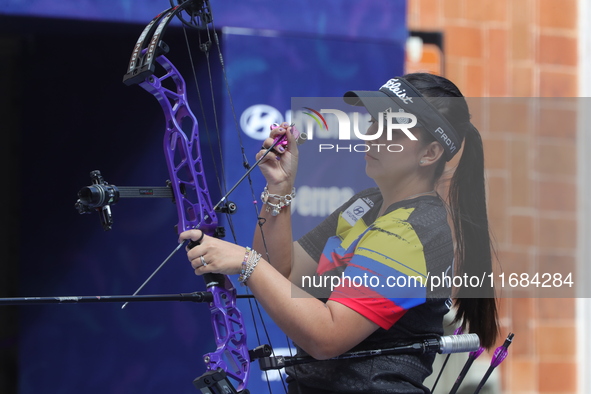 Sara Lopez of Colombia competes against Alexis Ruiz of the United States (not in picture) during the compound women's quarterfinals match on...