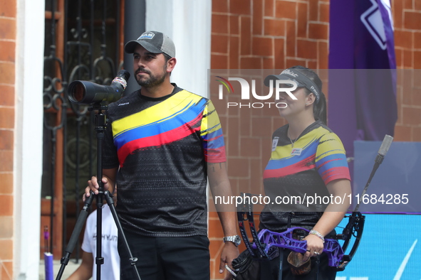 Sara Lopez of Colombia competes against Alexis Ruiz of the United States (not in picture) during the compound women's quarterfinals match on...