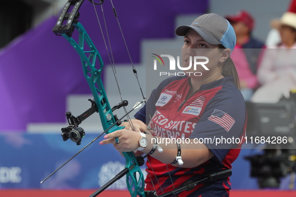 Alexis Ruiz of the United States competes against Sara Lopez of Colombia (not in picture) during the compound women's quarterfinals match on...